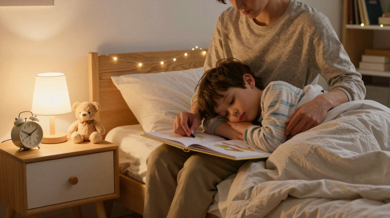 Ein Kind schläft auf dem Schoß einer Person, die ein Buch im Bett liest, neben Nachttisch mit Lampe und Wecker.