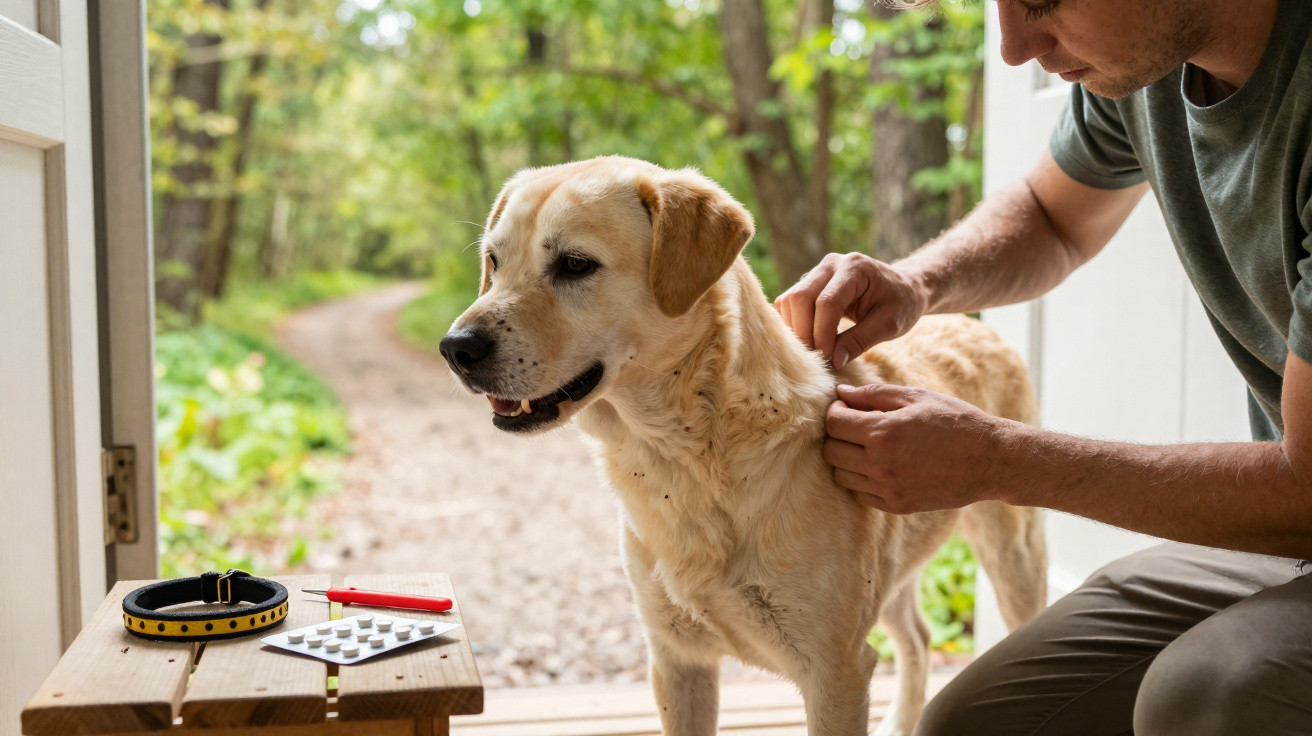 Mann bringt einem Labradorhündchen ein Flohhalsband an, Tisch mit Medikamenten und Halsband daneben.