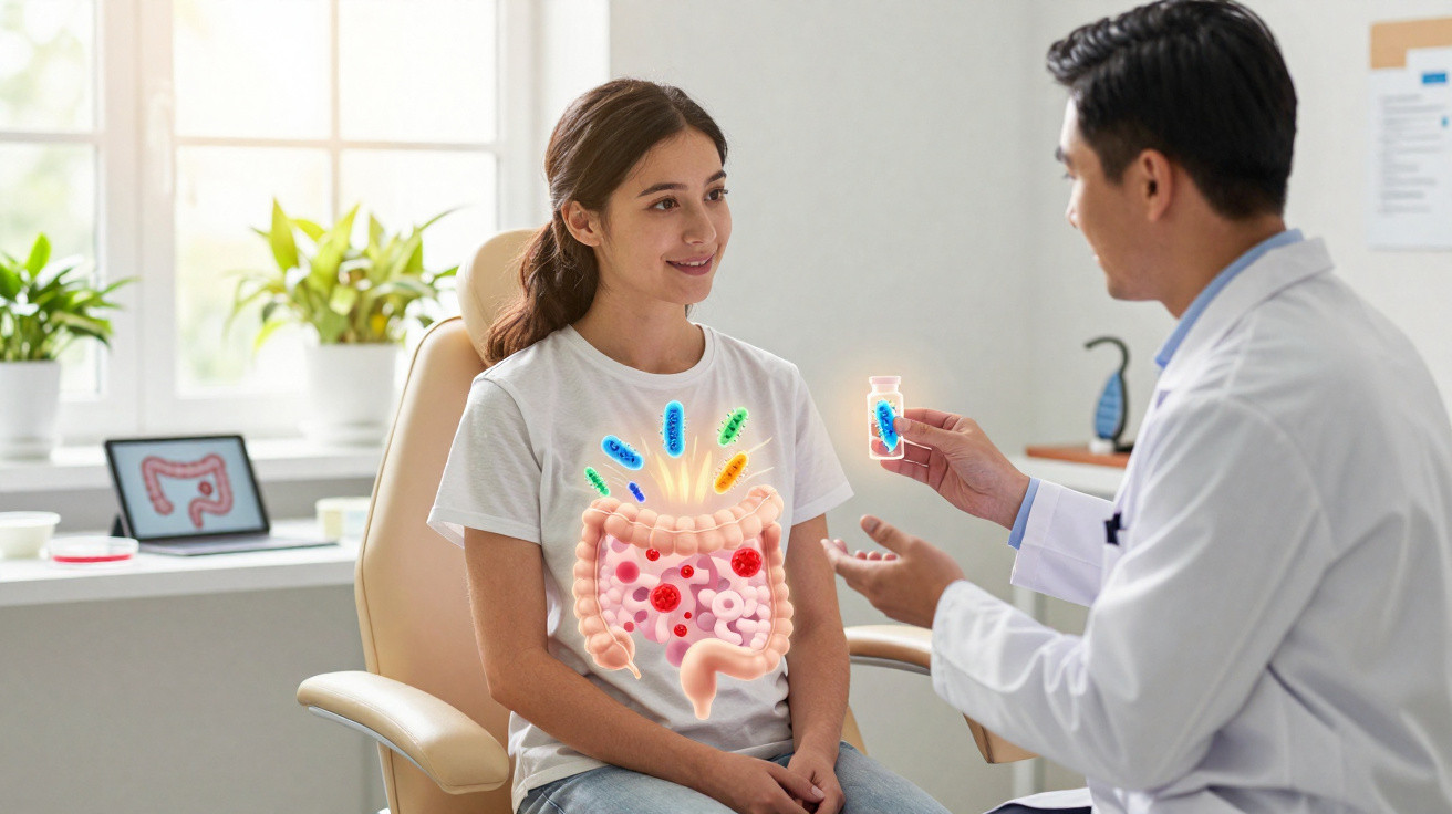 Ärztin erklärt Patientin mit animierter Grafik den Einfluss von Darmbakterien auf die Gesundheit.