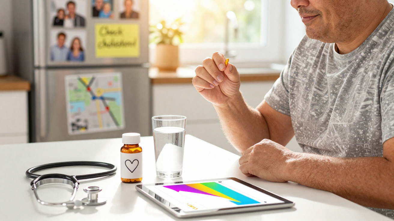Mann nimmt Medikament mit Glas Wasser, Stethoskop und Tablet auf weißem Tisch im hellen Raum.