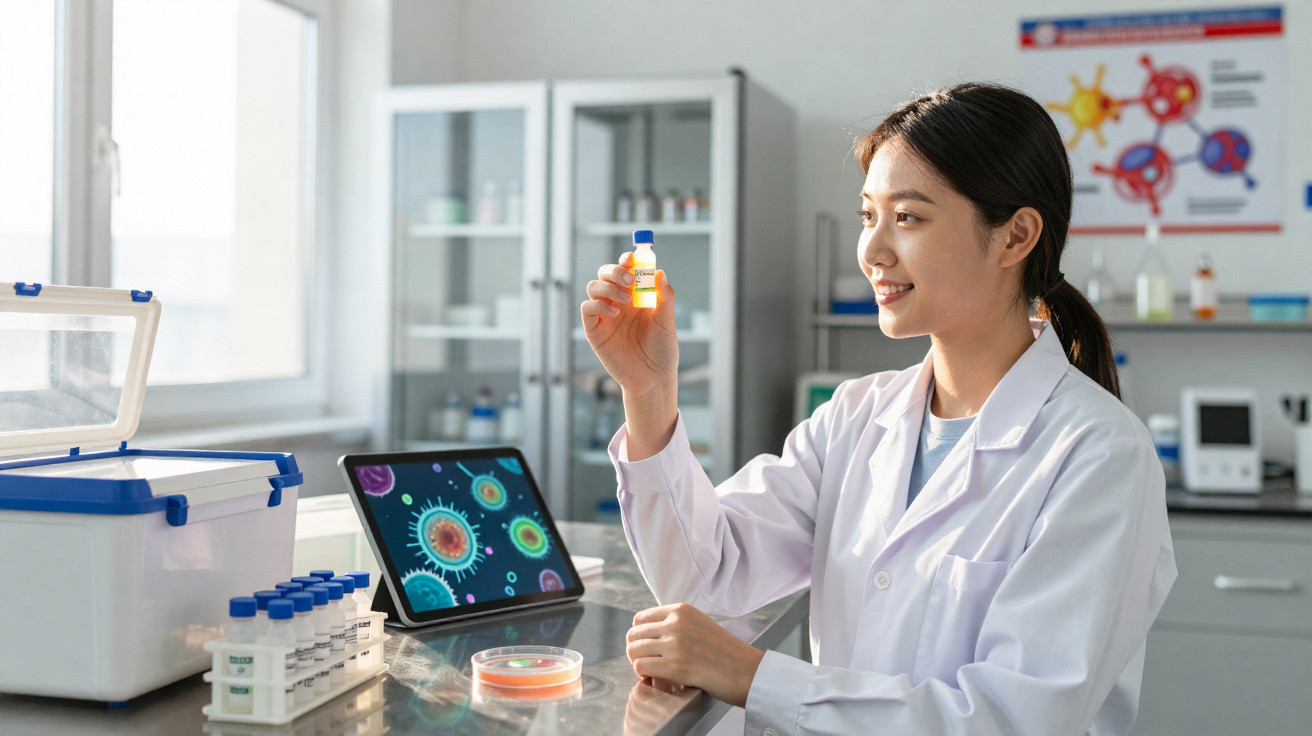 Wissenschaftlerin im Labor untersucht Probenfläschchen vor Bildschirm mit Virusdarstellung.