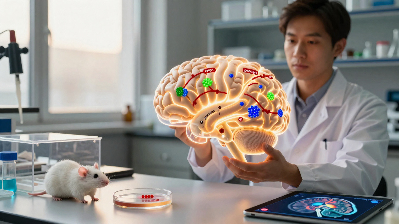 Wissenschaftler im Labor untersucht animiertes 3D-Gehirnmodell mit Laborratte, Petrischale und Tablet.