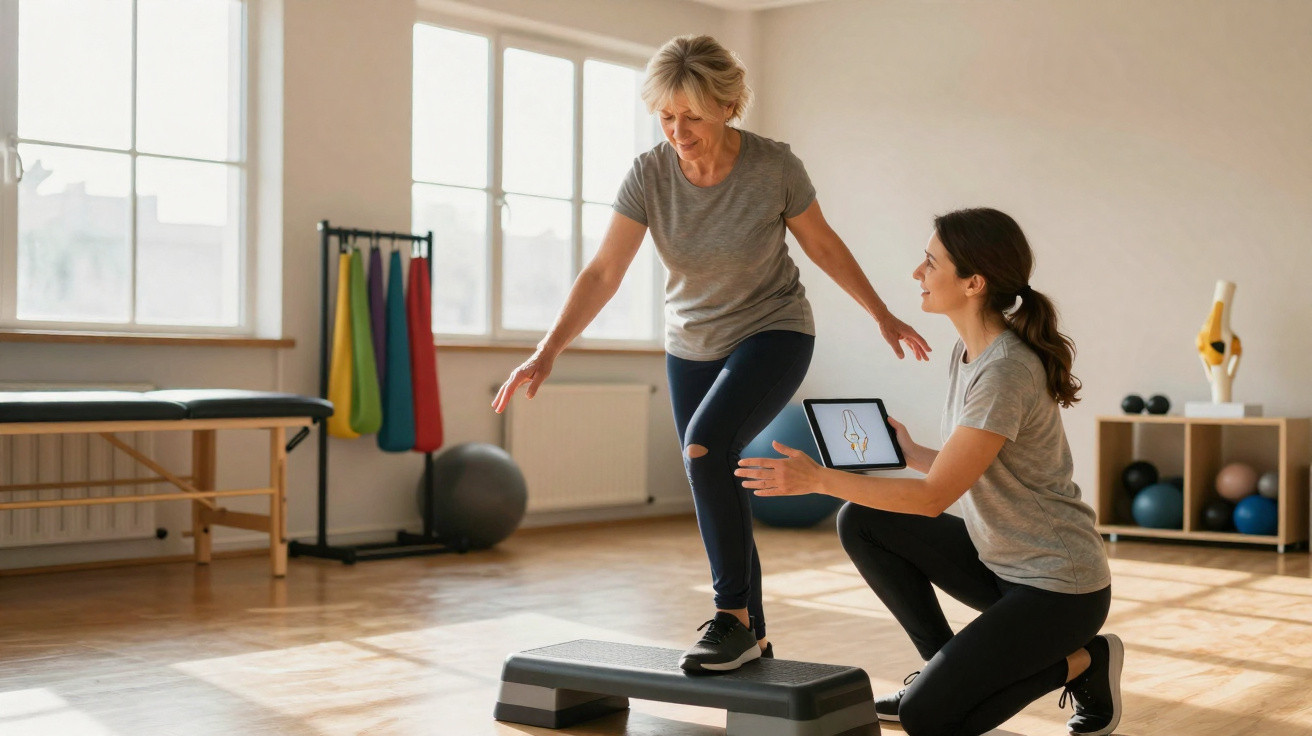 Ältere Frau macht eine Balanceübung auf einer Fitnessstufe, betreut von Physiotherapeutin mit Tablet in hellem Raum.