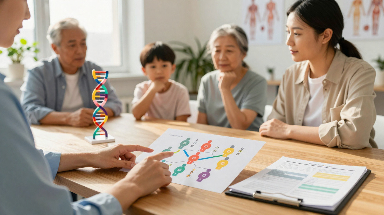 Ältere und jüngere Personen erhalten eine genetische Beratung zu DNA und Vererbung am Tisch.