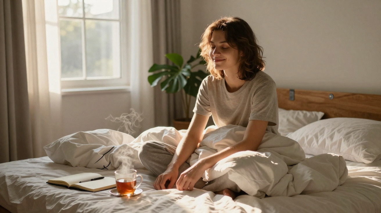 Frau sitzt entspannt im Bett, umgeben von Decke, Tee und offenem Notizbuch im Morgenlicht.