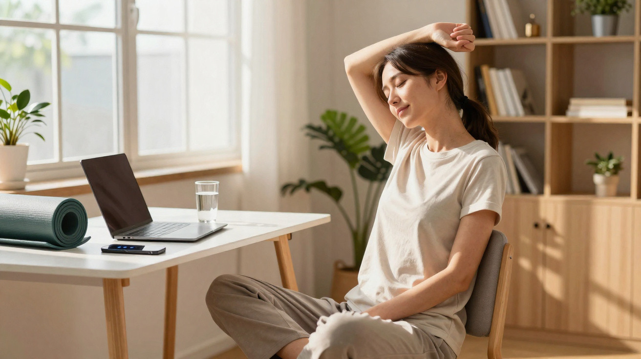 Frau macht Dehnübungen im sitzenden Yoga-Pose neben Schreibtisch mit Laptop in hellem Raum.