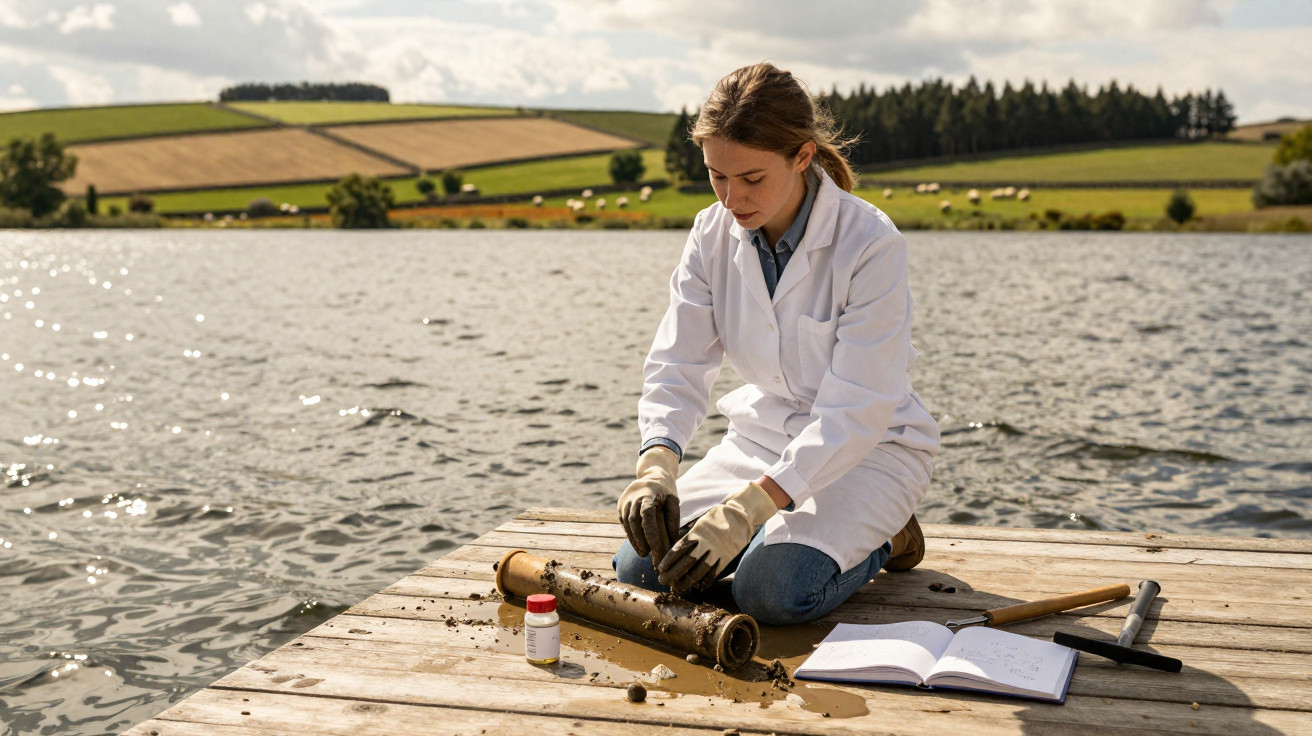 Wissenschaftlerin untersucht Sedimentproben am Seeufer auf Steg mit ländlicher Landschaft im Hintergrund.