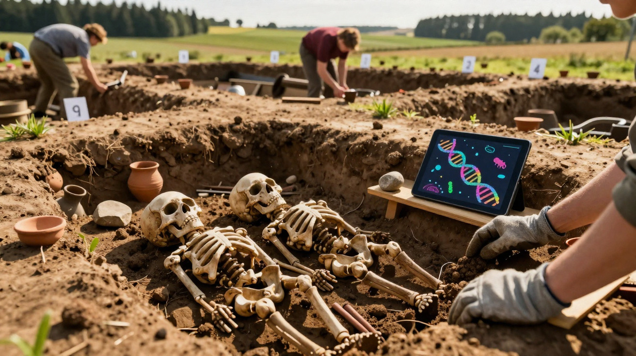 Archäologen untersuchen Skelette in Ausgrabungsstätte mit Laptop, der DNA-Daten anzeigt.