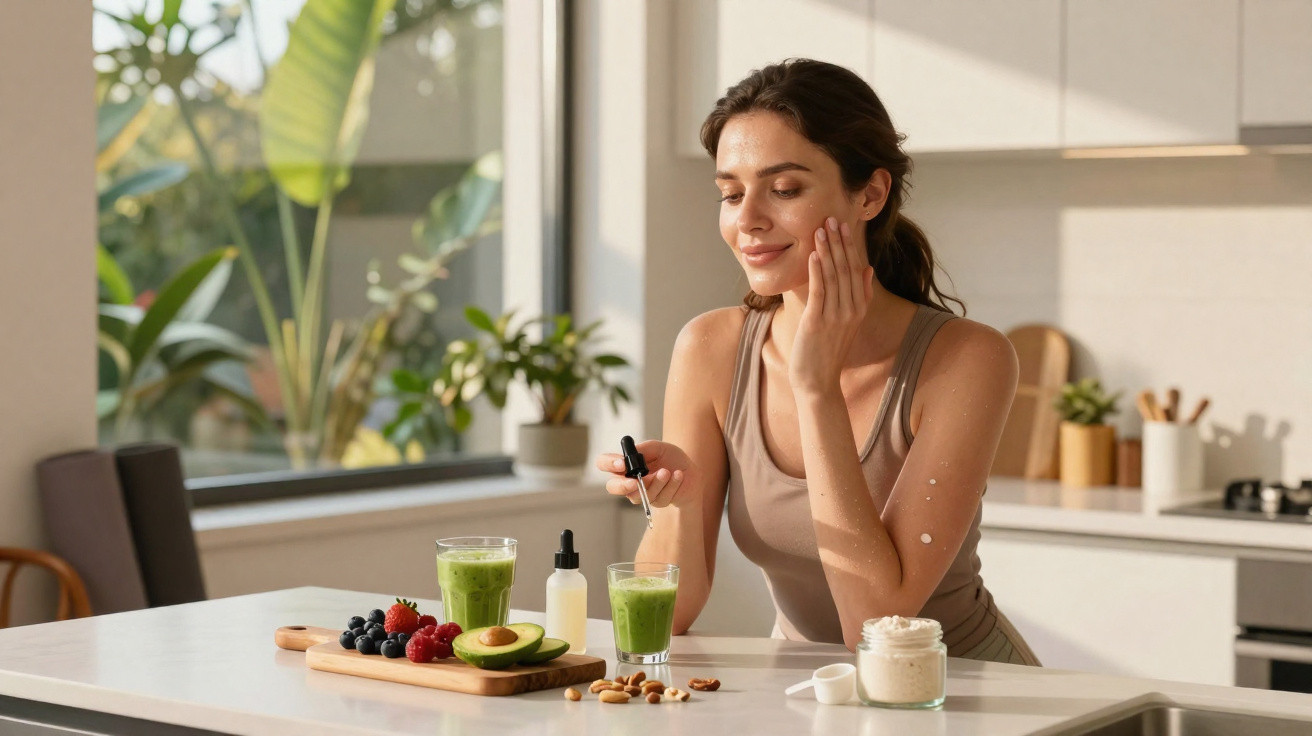 Frau trägt Hautpflegeprodukt auf Arm auf, sitzt in moderner Küche mit grünem Smoothie und Obst vor sich.