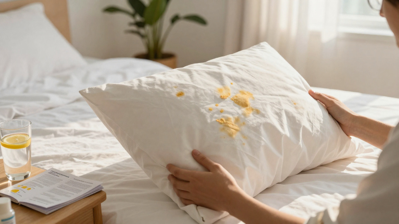 Person hält ein Kissen mit sichtbaren gelben Flecken in hellem Schlafzimmer bei Tageslicht.