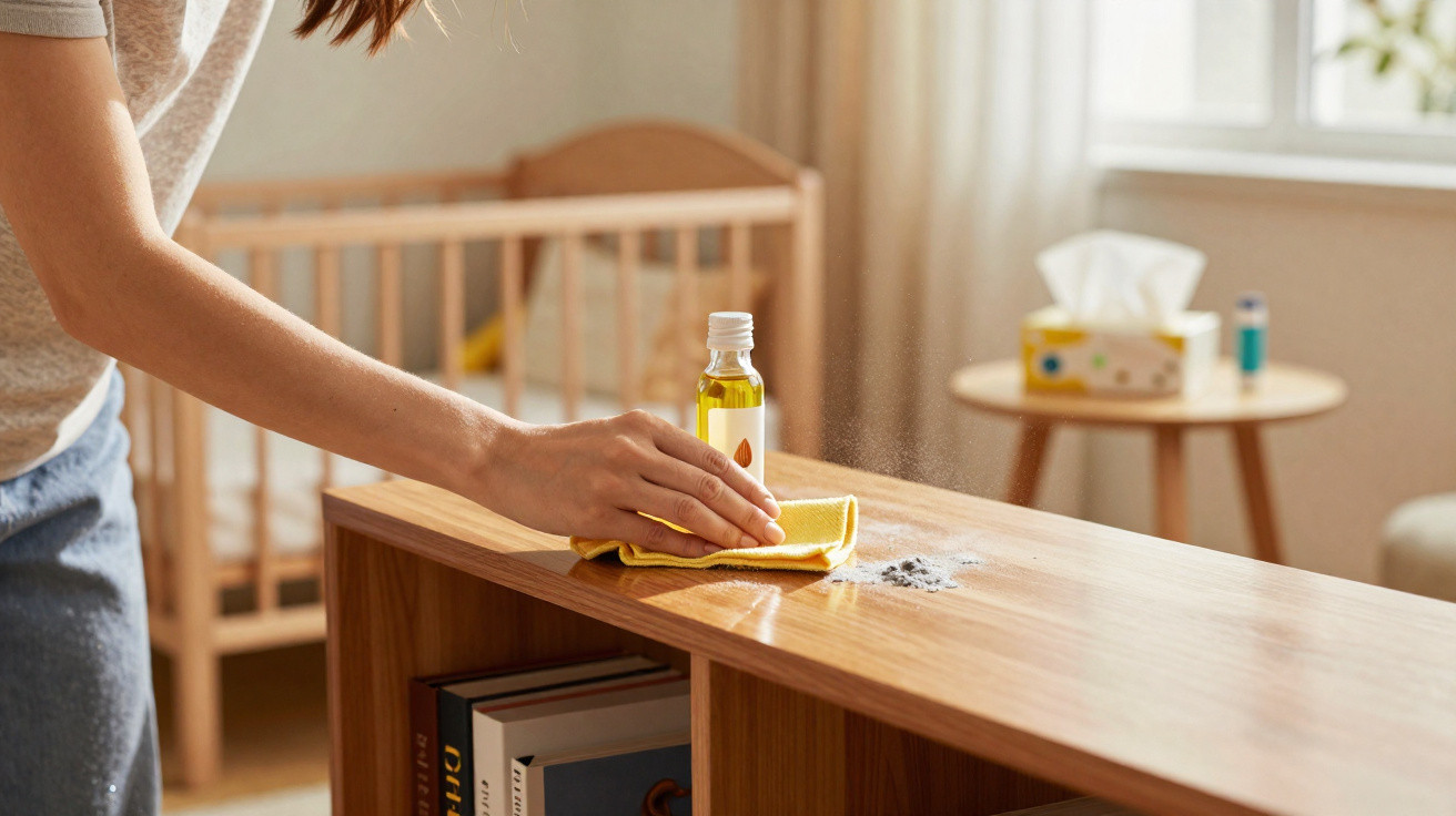Person reinigt mit Tuch und Öl staubigen Holztisch in einem kinderfreundlichen Raum mit Babybett im Hintergrund.