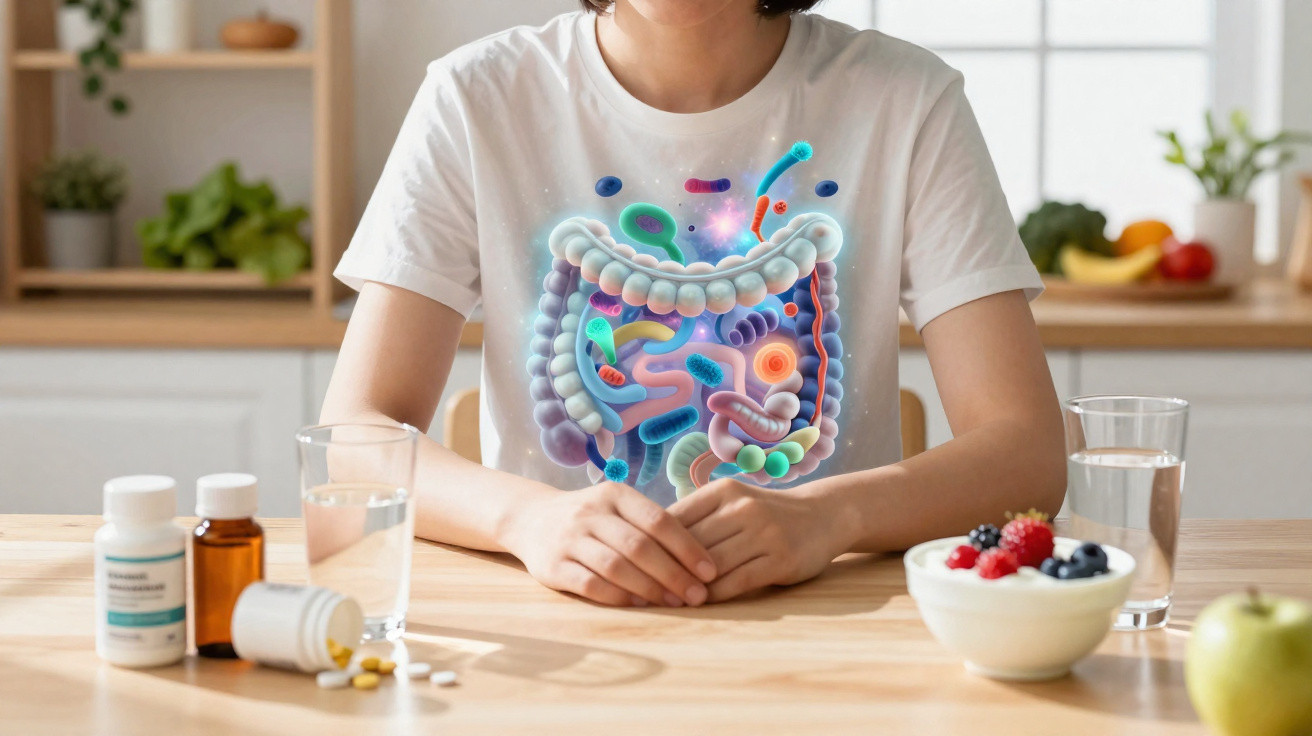 Frau sitzt am Tisch mit Medikamenten, Wasser, Obst und digitaler Darstellung des Verdauungstrakts auf dem T-Shirt.