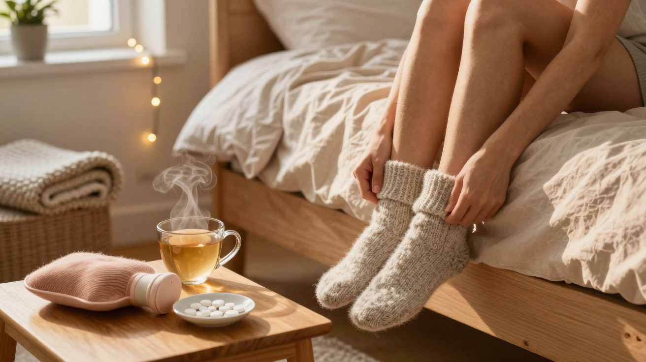Frau zieht warme Wollsocken an, neben Bett mit heißem Tee, Wärmflasche und Medikamenten auf Holztisch.