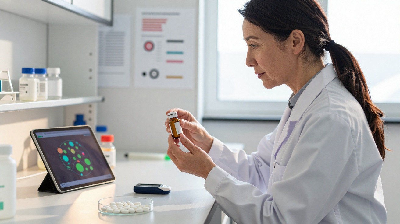 Wissenschaftlerin im Labor untersucht Medikamentenfläschchen, Tablets und Diagramme auf Tablet-Bildschirm sichtbar.
