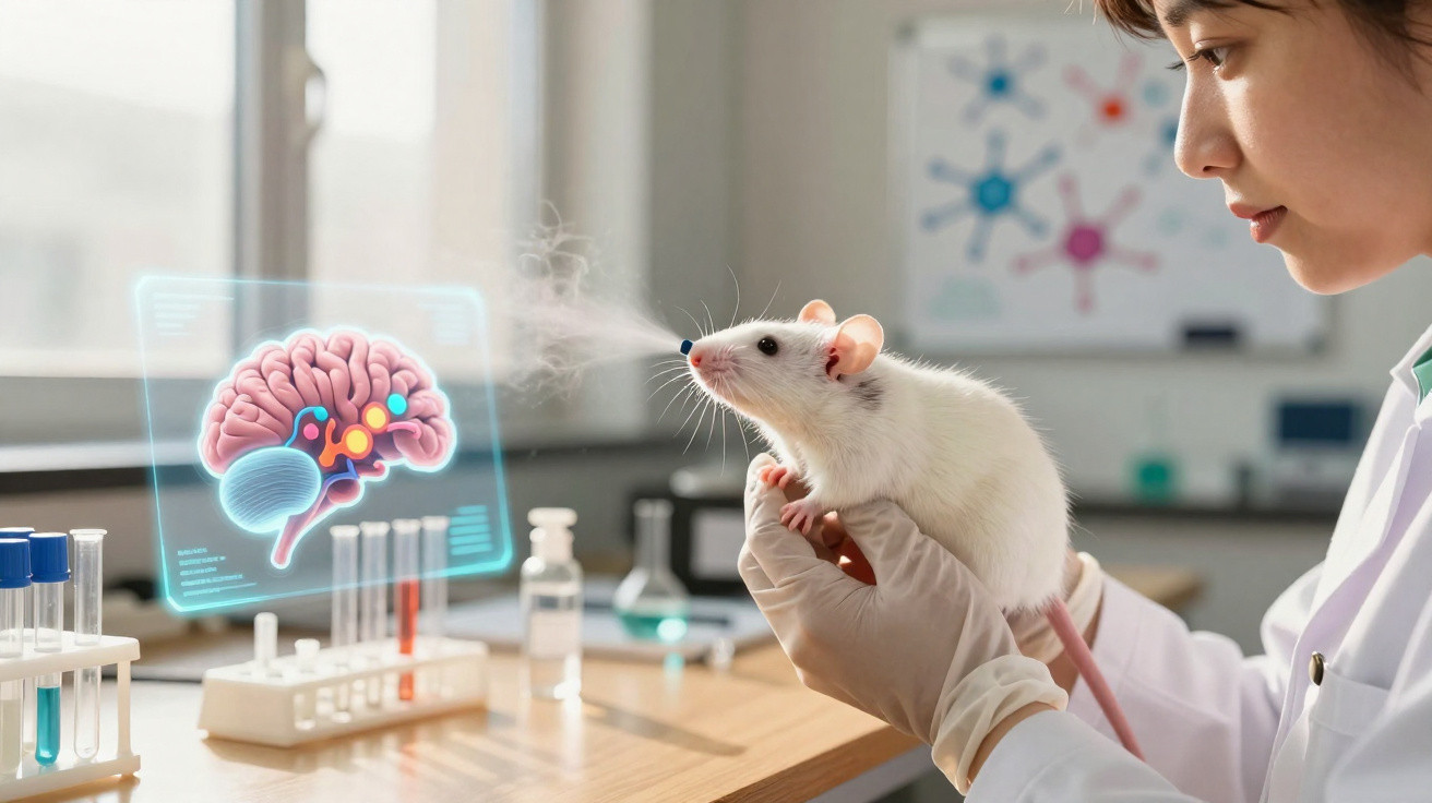 Wissenschaftlerin hält weiße Laborratte, digitale Gehirnanalyse wird projiziert, Wissenschaftslabor im Hintergrund.