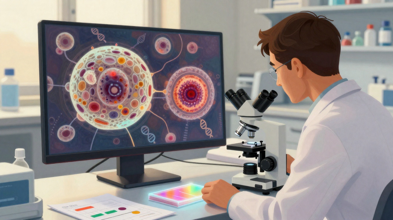 Wissenschaftler untersucht Zellen mit Mikroskop, auf Bildschirm farbige Zellstrukturen und DNA-Stränge sichtbar.