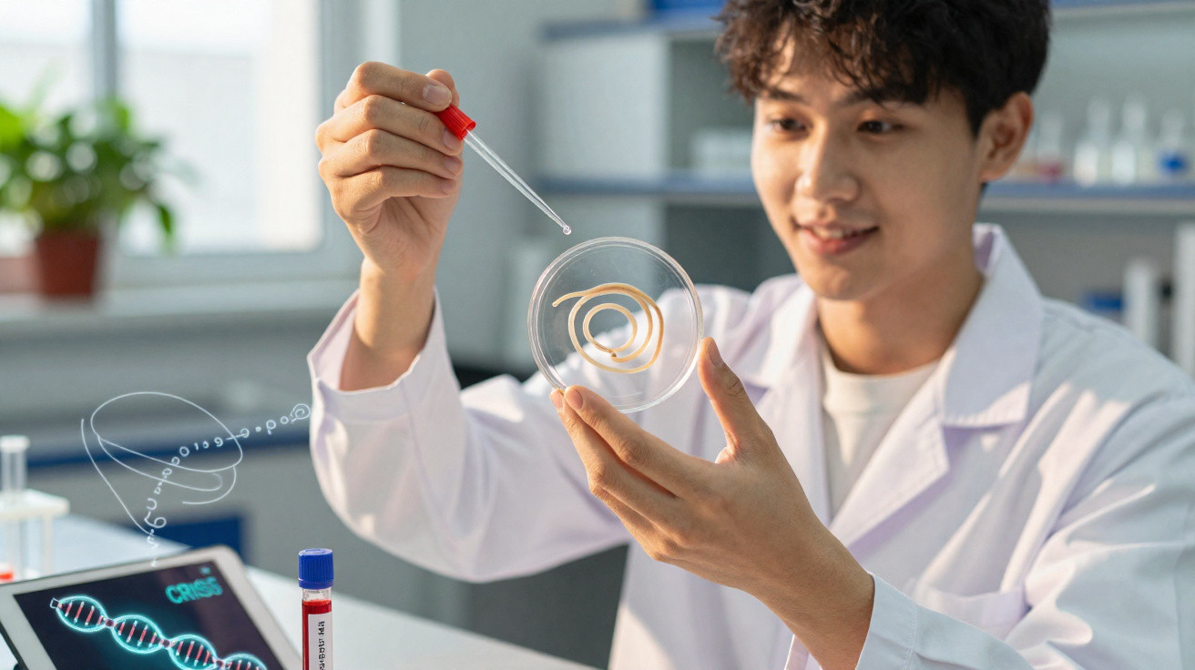 Junger Wissenschaftler untersucht spiralförmigen Organismus in Petrischale im Labor mit Pipette.