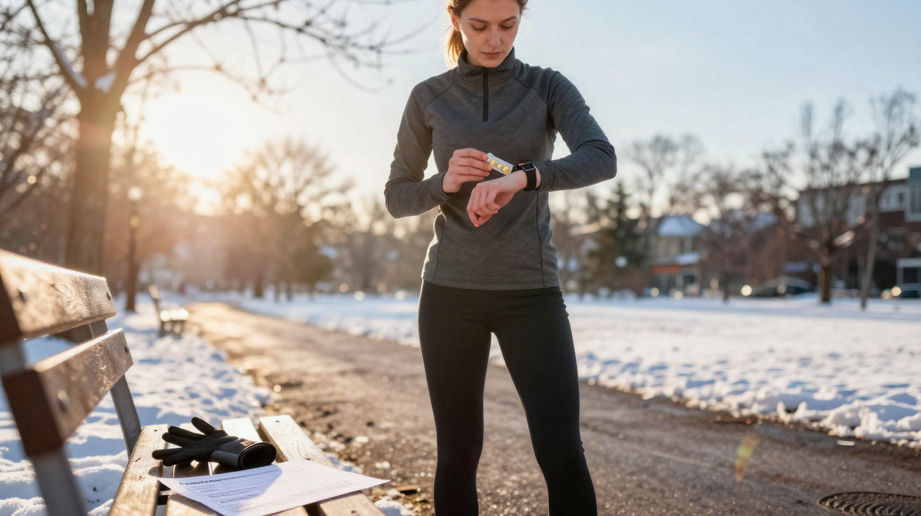 Frau in Sportkleidung prüft Smartwatch während kaltem Winterlauf im Park mit Schnee auf dem Boden.