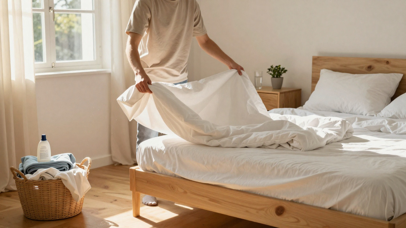 Person macht das Bett in einem sonnendurchfluteten Schlafzimmer mit Holzmöbeln.
