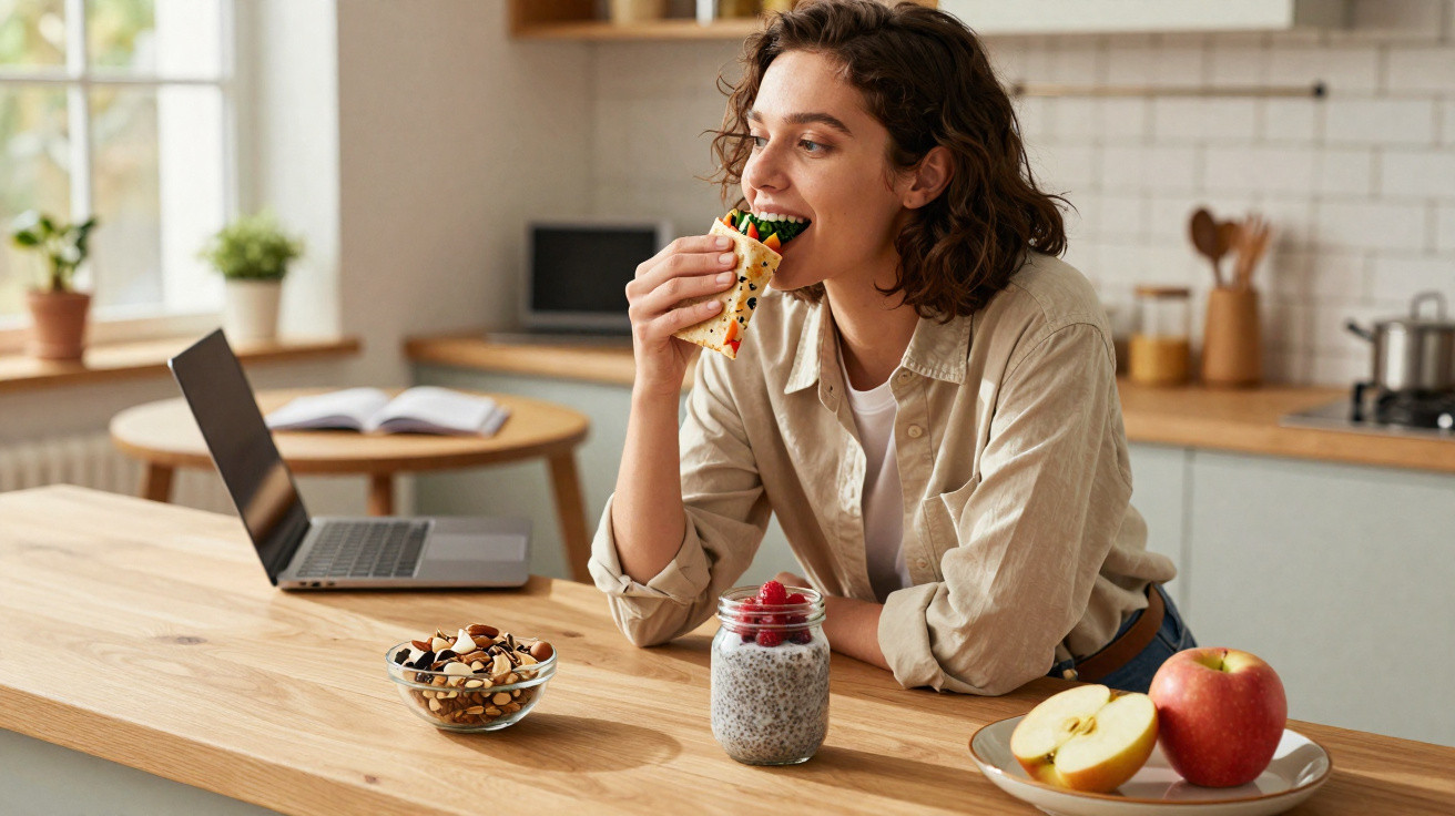 Frau isst Sandwich in moderner Küche mit Laptop, Obst, Nüssen und Chia-Pudding auf Kücheninsel.