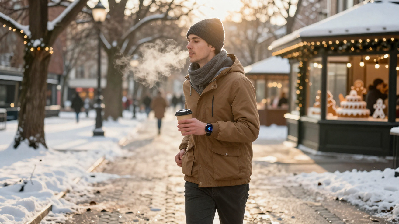 Junger Mann in Winterkleidung geht mit Kaffee im Park, Dampfwolke in kalter Luft sichtbar, Weihnachtsbeleuchtung.