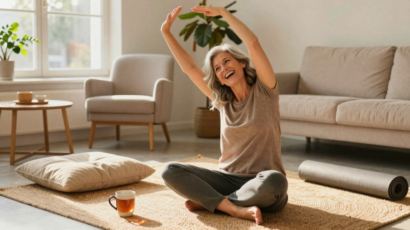 Ältere Frau macht Yoga-Übungen auf Teppich im Wohnzimmer, entspannt und glücklich.