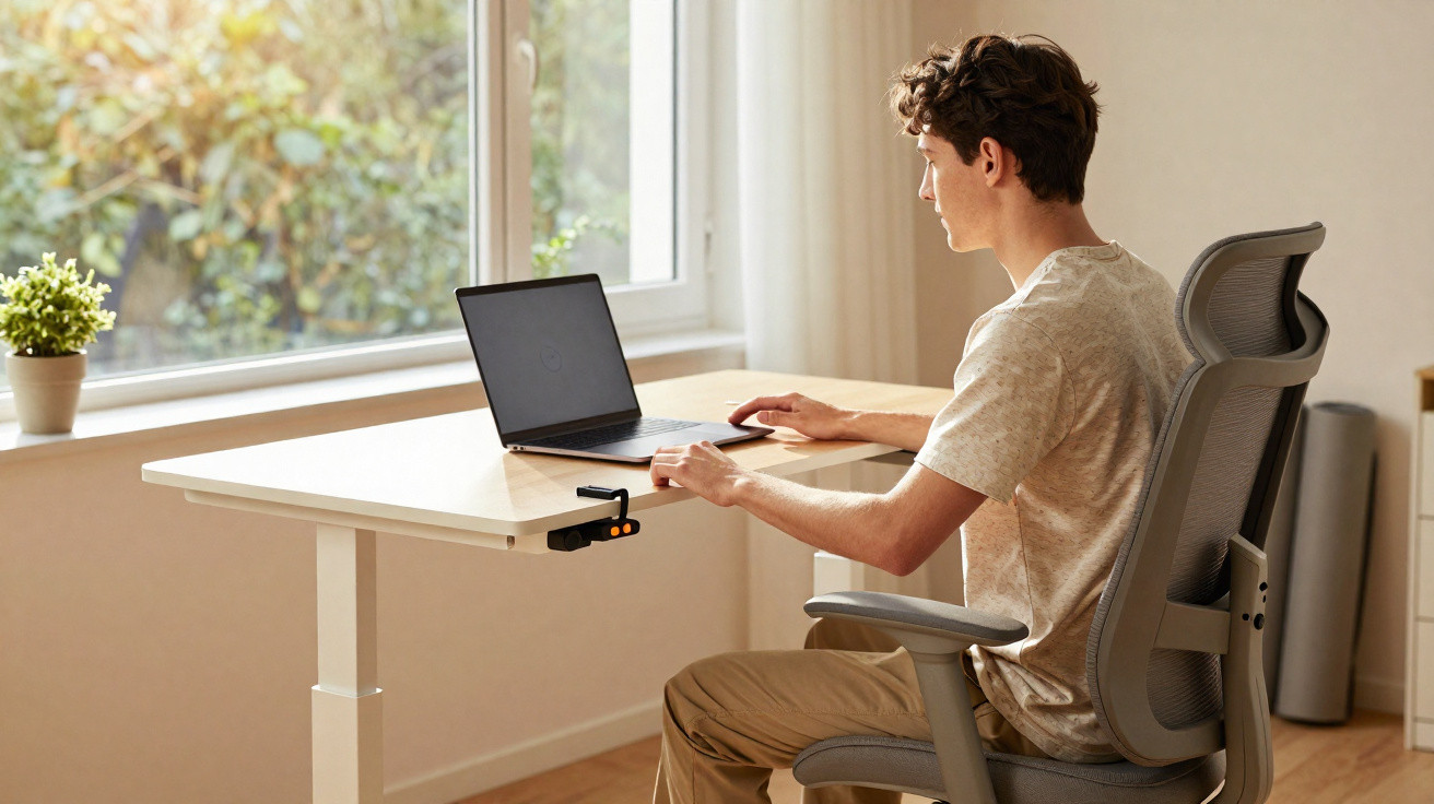 Junger Mann sitzt an ergonomischem Schreibtisch und arbeitet an Laptop in hellem Zimmer mit Blick ins Grüne.