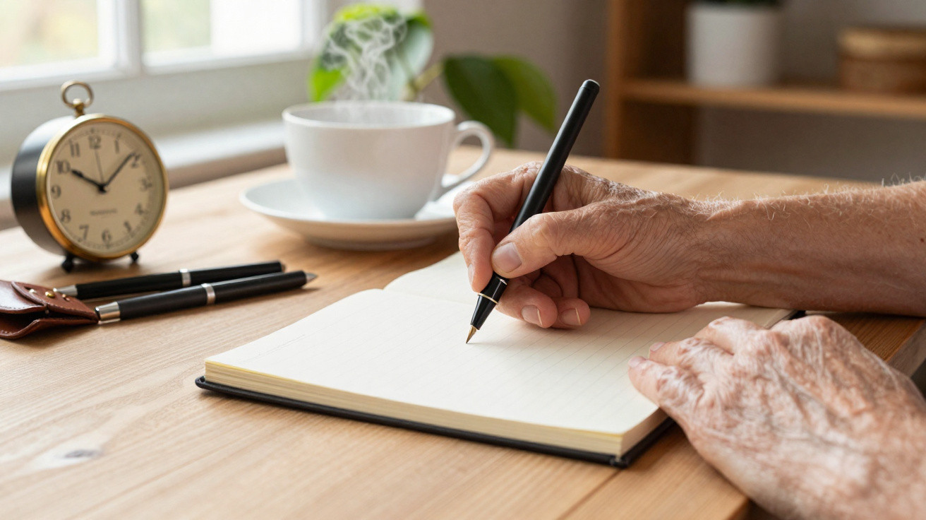 Ältere Person schreibt mit einem Stift in ein Notizbuch, daneben Wecker und dampfende Tasse auf Holztisch.