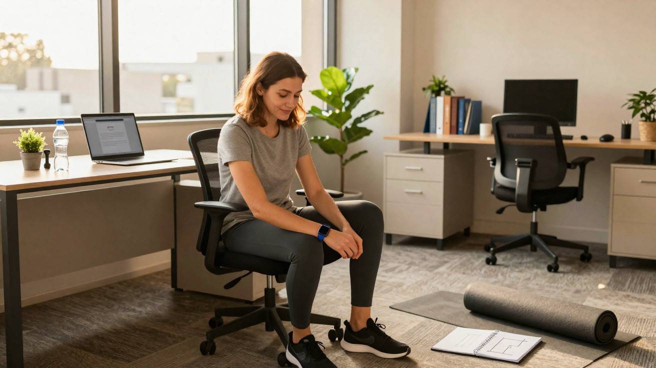 Frau macht Pause auf Bürostuhl in hellem Büro mit Laptop, Pflanzen und Yoga-Matte auf dem Boden.