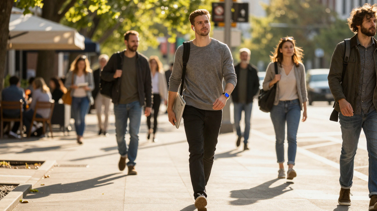 Mehrere Menschen laufen an einem sonnigen Tag auf einem Bürgersteig in der Stadt entlang.