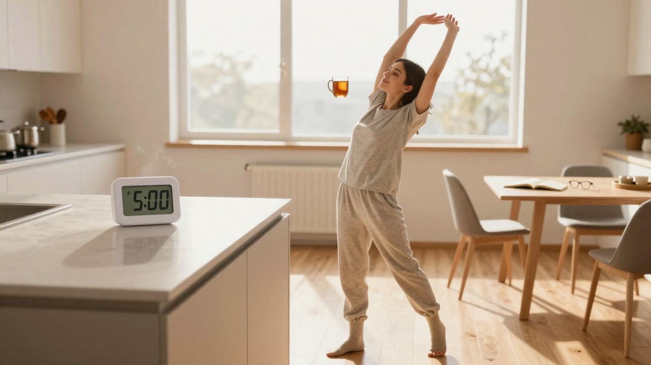 Frau streckt sich in gemütlicher Kleidung in der Küche am Morgen, neben Uhr mit 5:00 und Tee in der Luft.
