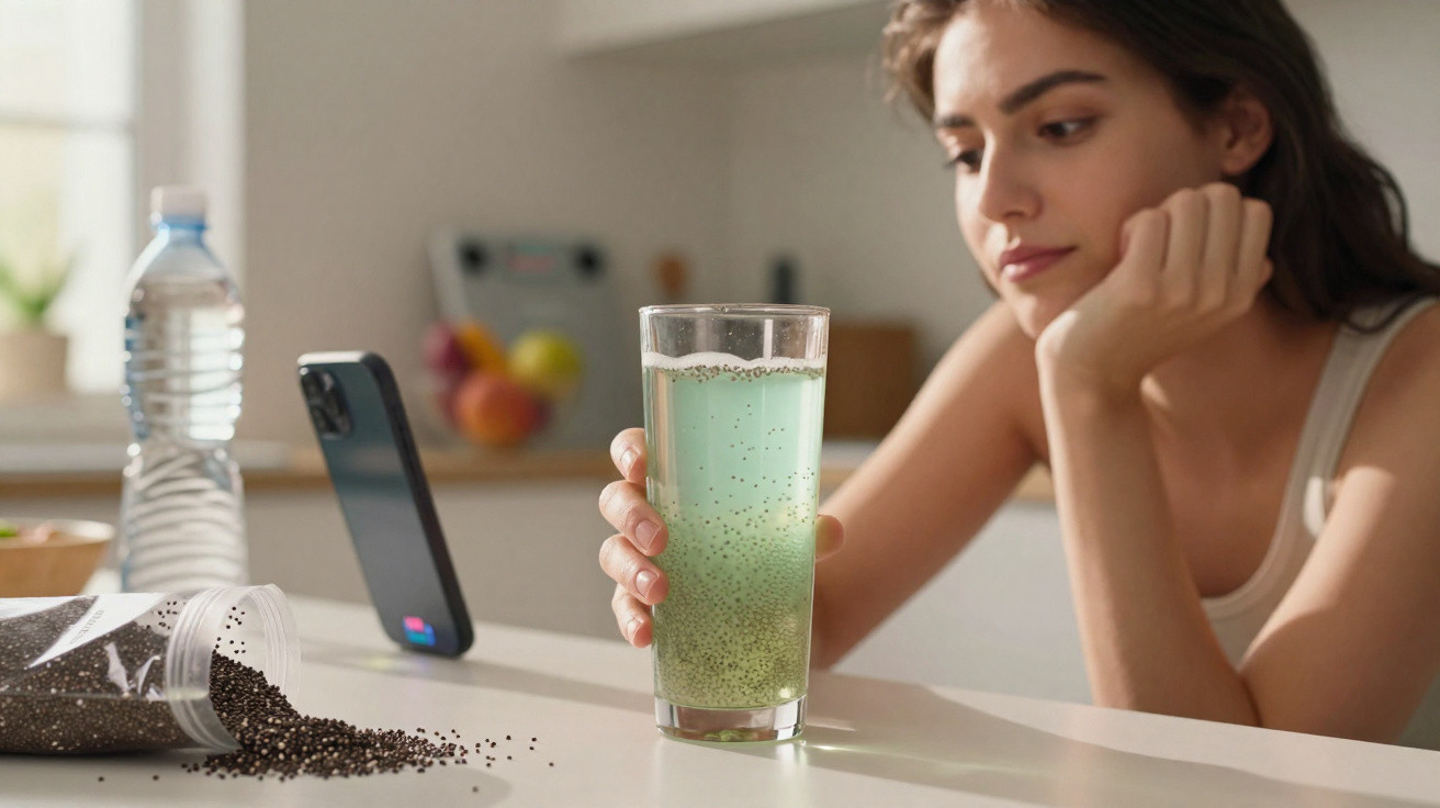 Frau hält ein Glas mit grünem Getränk und Chiasamen in der modernen Küche, Smartphone und Wasserflasche im Hintergrund.