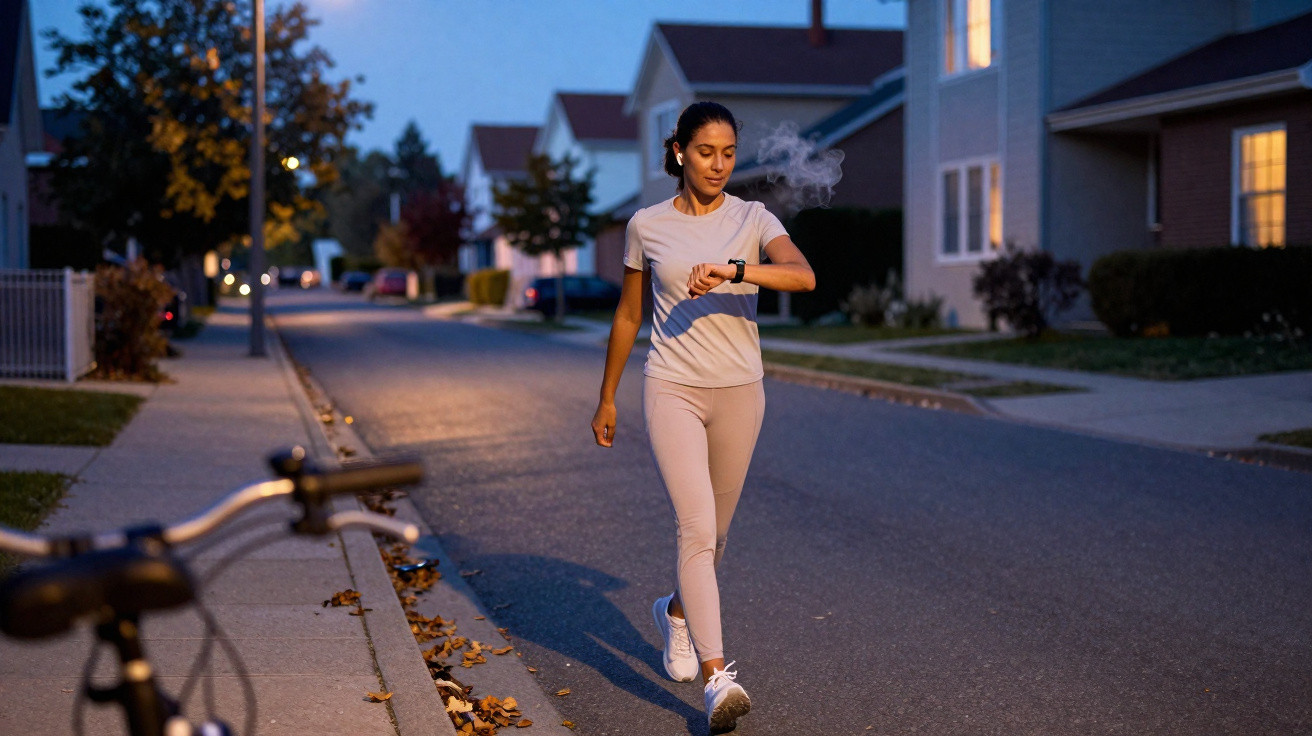 Frau in Sportkleidung geht abends in Wohnstraße und schaut auf ihre Smartwatch.