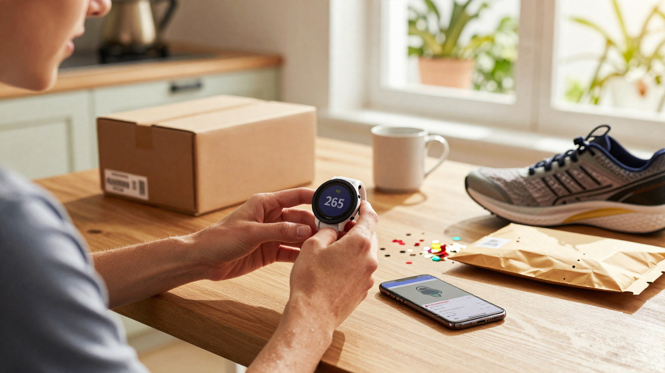 Person hält eine Smartwatch, auf dem Tisch liegen Smartphone, Schuh, Pakete und Kaffeetasse.
