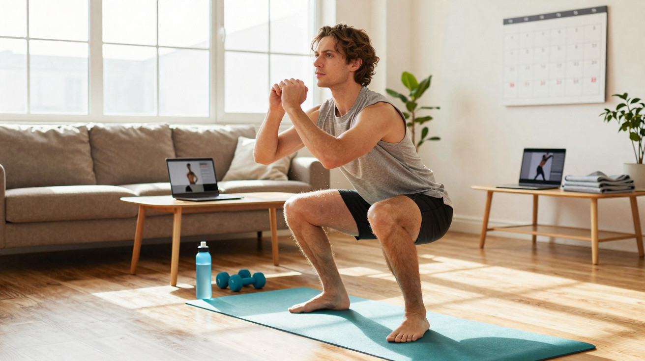 Junger Mann macht zu Hause Kniebeugen mit Online-Workout über Laptop auf Yogamatte im Wohnzimmer.