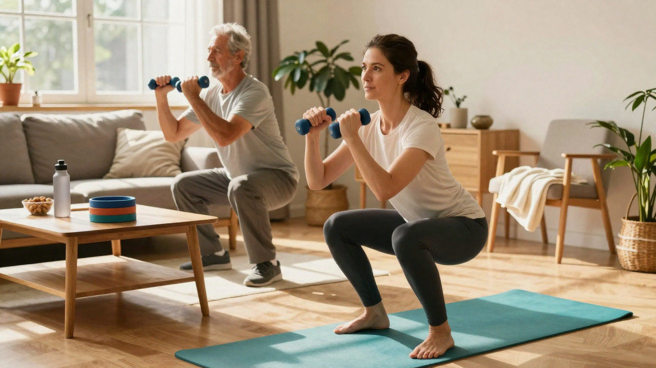 Älterer Mann und junge Frau trainieren mit Hanteln und machen Kniebeugen auf Yogamatte im Wohnzimmer.