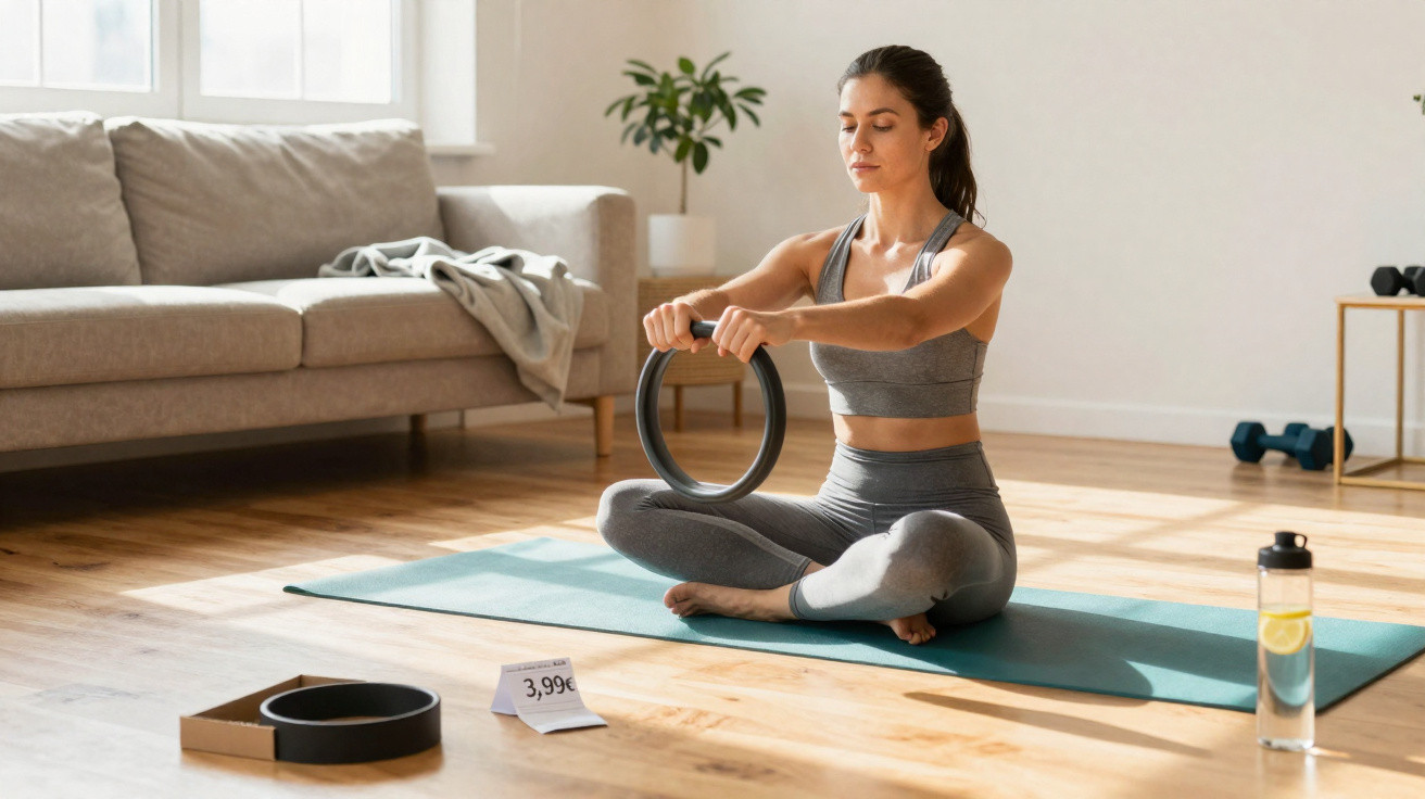 Frau in Sportkleidung sitzt im Schneidersitz auf Matte und verwendet Fitnessring im hellen Wohnzimmer.