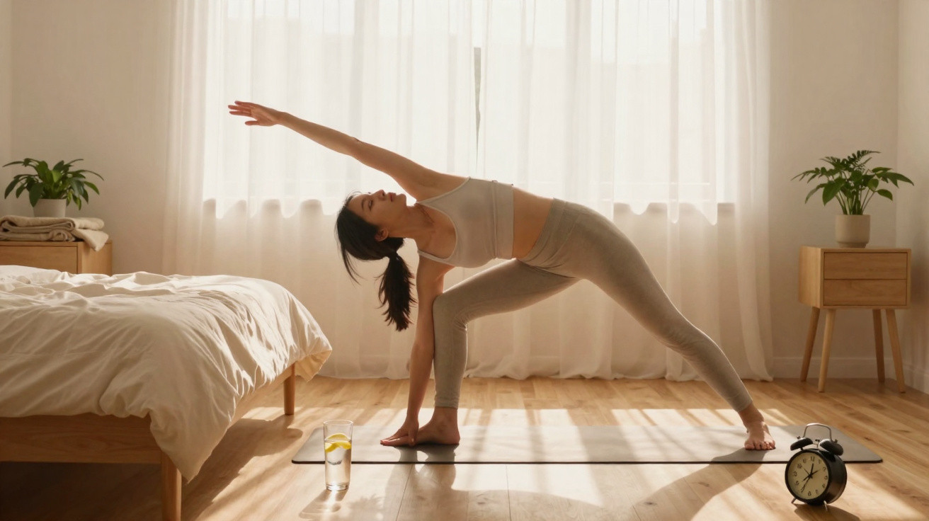 Frau macht Yoga-Dehnübung auf Matte im sonnendurchfluteten Schlafzimmer mit Bett und Pflanzen.