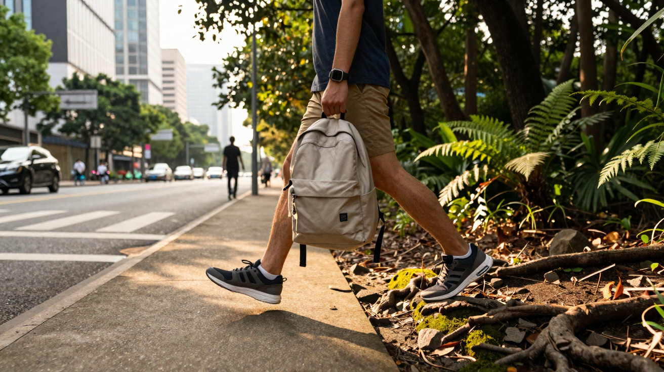 Ein Mann mit Rucksack steigt von einem Waldweg auf einen Bürgersteig in der Stadt bei Sonnenlicht.