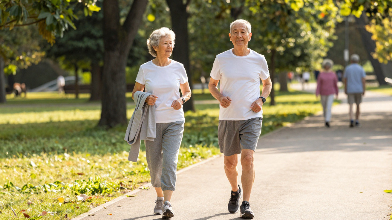 Älteres Paar in Sportkleidung geht und joggt gemeinsam entspannt in einem sonnigen Park.