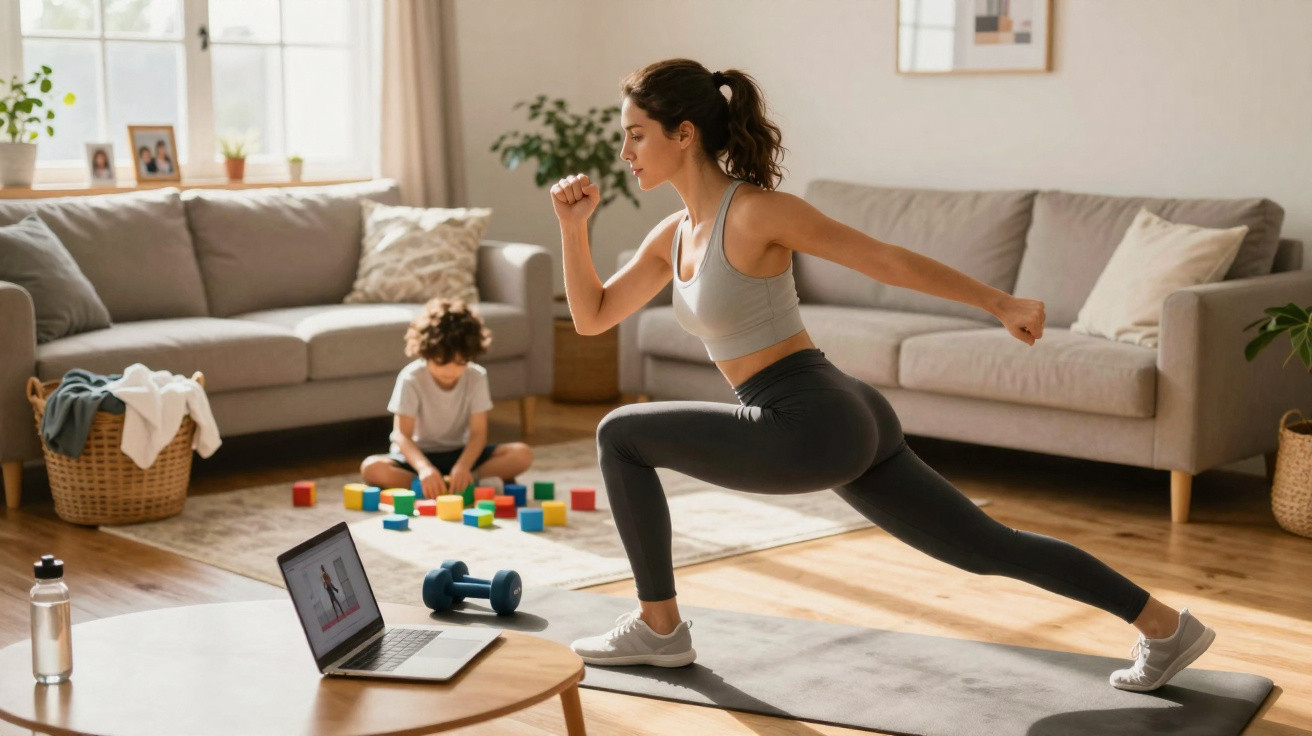 Frau macht Yoga-Übung auf Matte im Wohnzimmer, während Kind mit bunten Bauklötzen spielt.