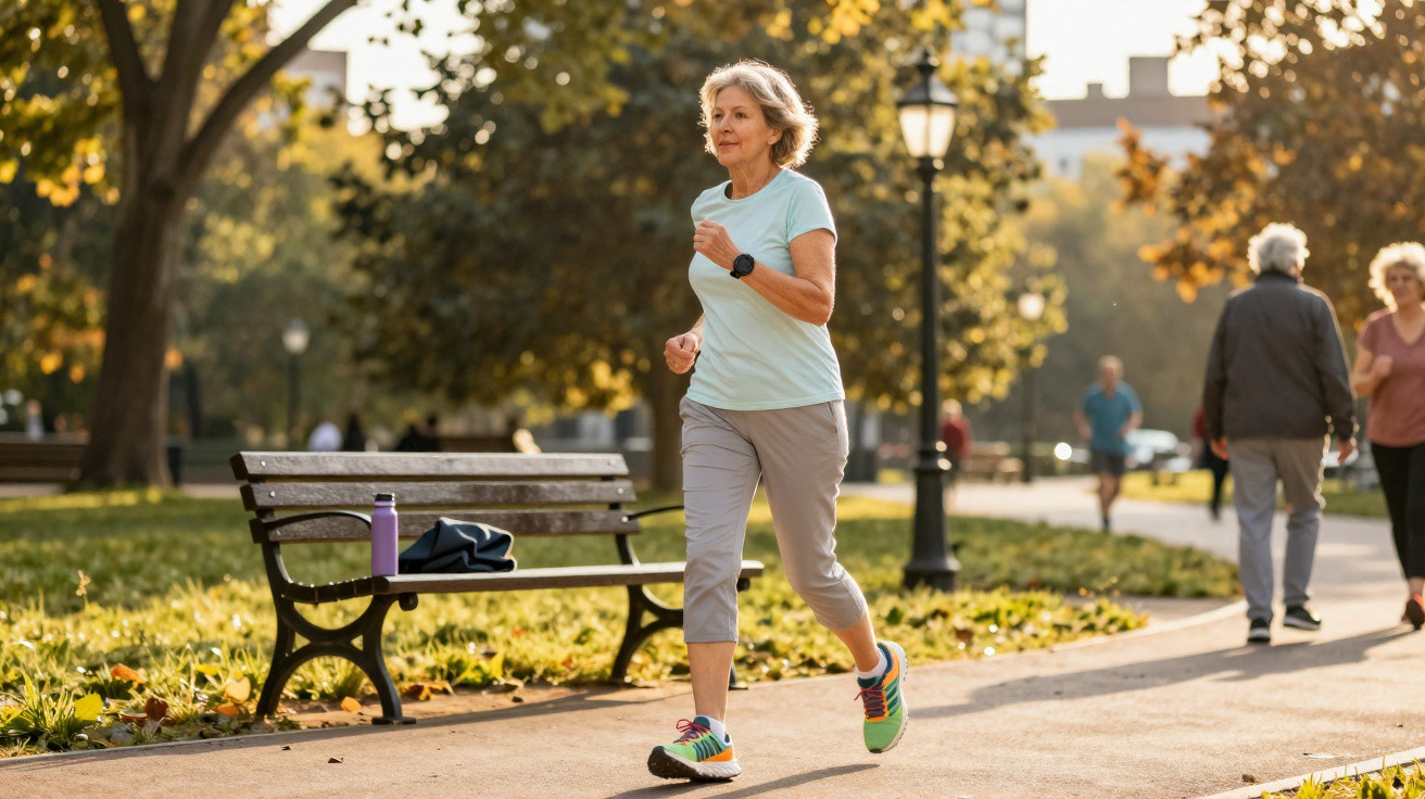 Ältere Frau joggt im Park auf einem sonnigen Herbstweg, im Hintergrund Spaziergänger und Bänke.