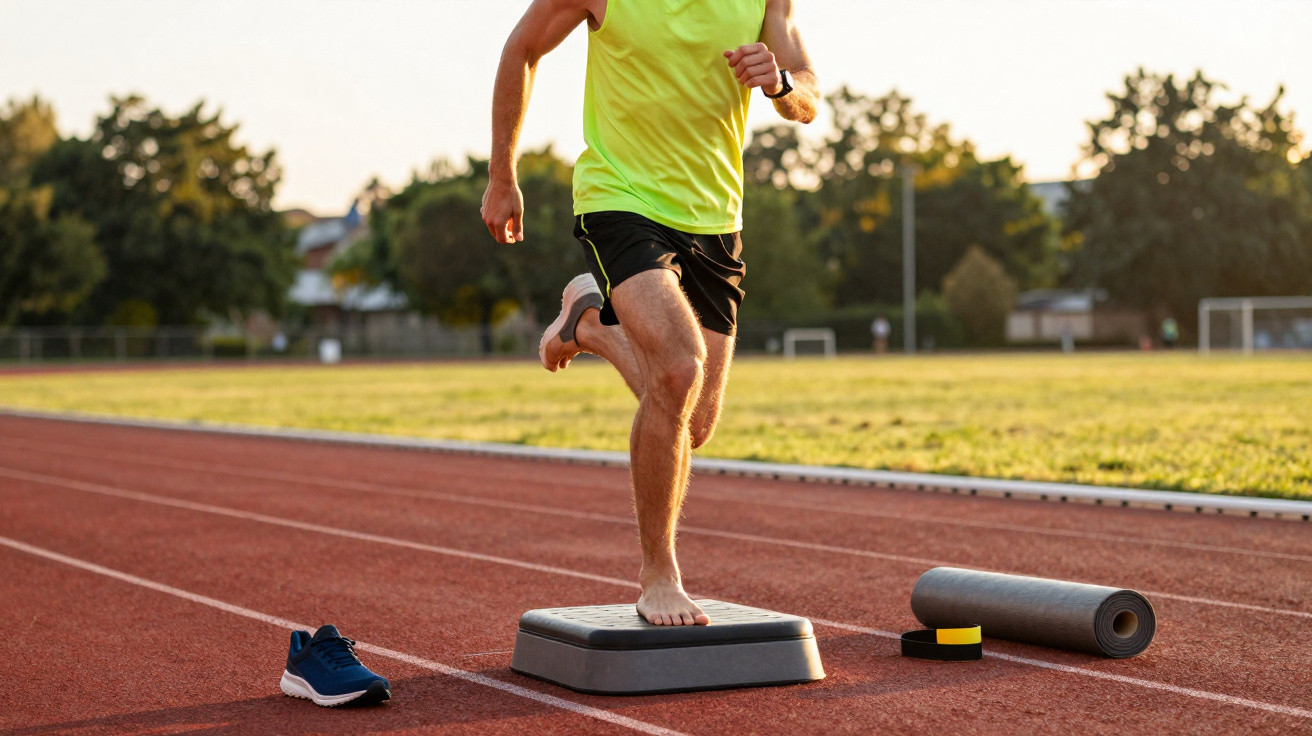 Mann trainiert barfuß mit Step-Board auf Laufbahn, neben Schuh, Matte und Gymnastikrolle.