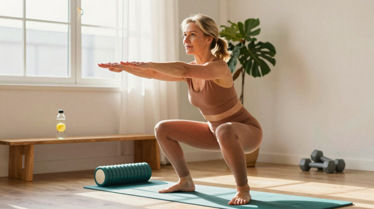 Frau mittleren Alters macht Kniebeugen auf Yogamatte in hellem Raum mit Hantel und Faszienrolle.