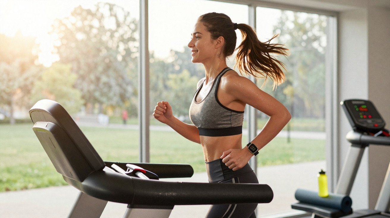 Junge Frau läuft auf dem Laufband im Fitnessstudio mit großen Fenstern und Blick ins Freie.