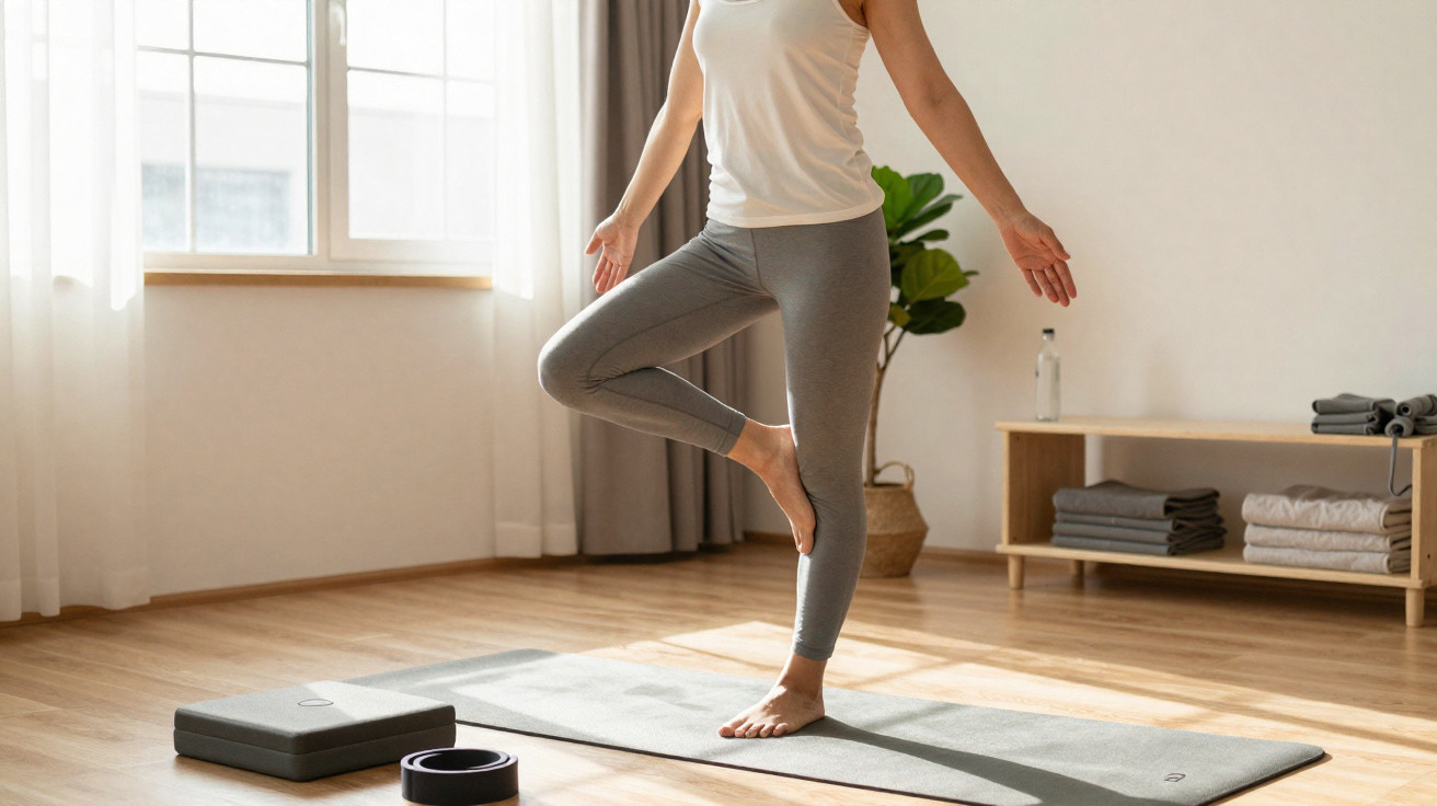 Frau praktiziert Yoga auf Matte in hellem Raum, balanciert auf einem Bein im Baum-Pose.