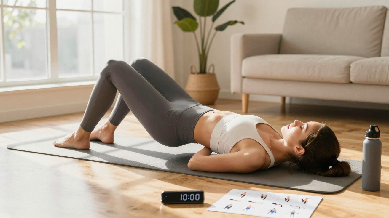 Frau macht Rücken-Übung auf Yogamatte im Wohnzimmer mit Anleitung und Timer neben ihr.