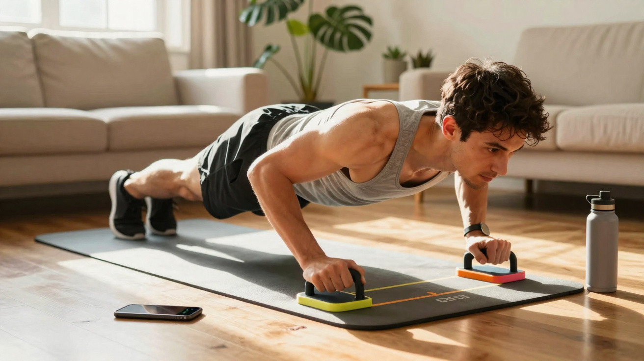 Junger Mann macht Liegestütze mit Griffen auf Yogamatte im Wohnzimmer neben Wasserflasche und Handy.