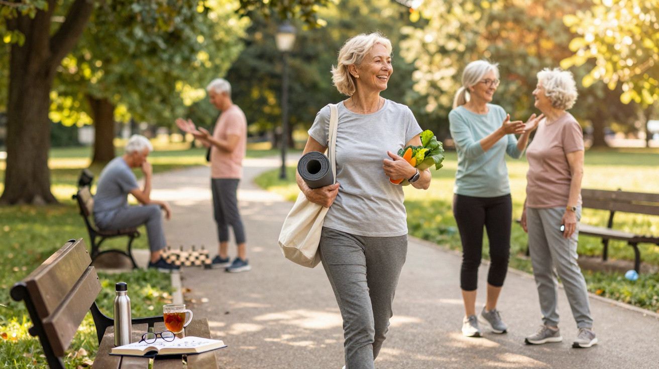 Ältere Frau mit Yogamatte und Gemüse läuft im Park, im Hintergrund unterhalten sich weitere Senioren.