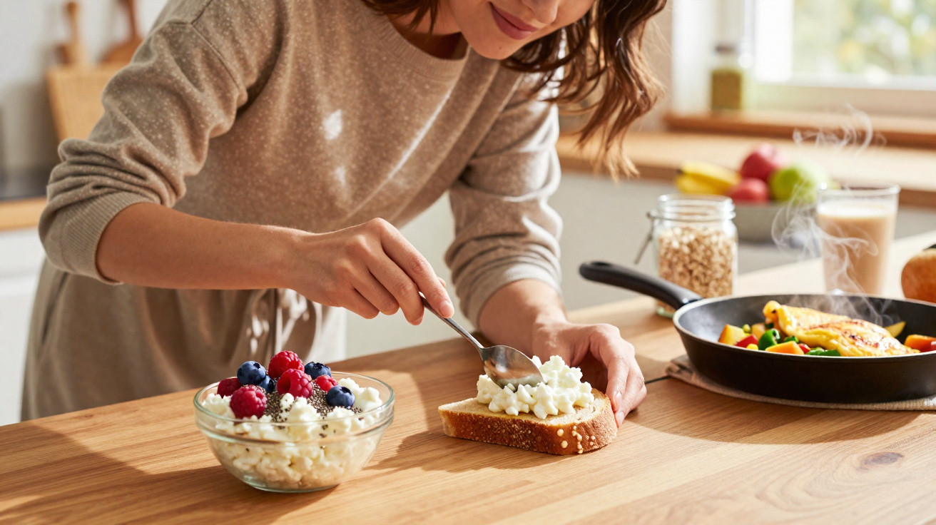 Frau bäckt Küchenablage mit Quark, Brot und frischen Beeren, dampfende Pfanne mit Gemüse im Hintergrund.